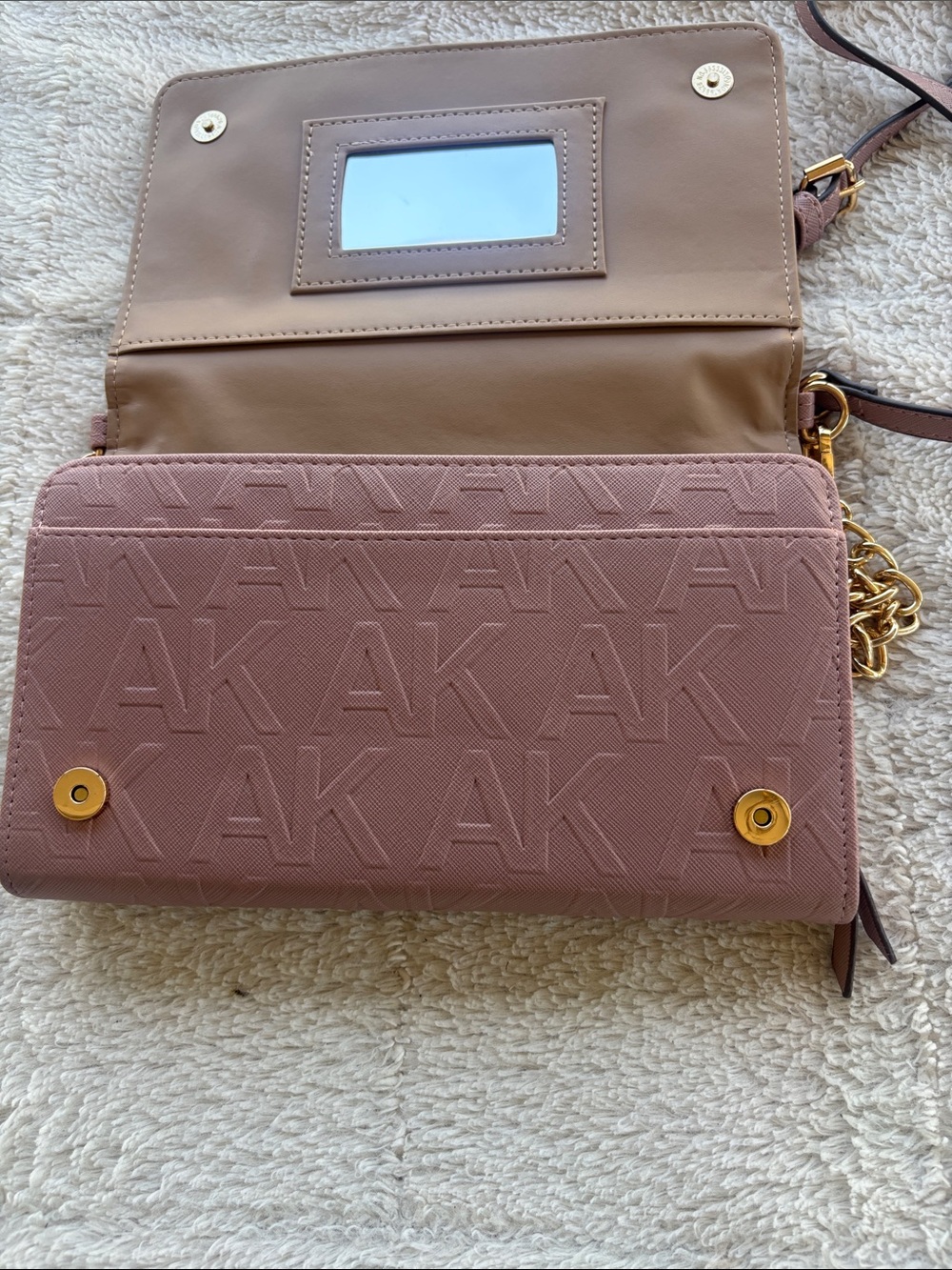 Anne Klein Blush Pink Logo-Embossed Crossbody Wallet with Gold Hardware